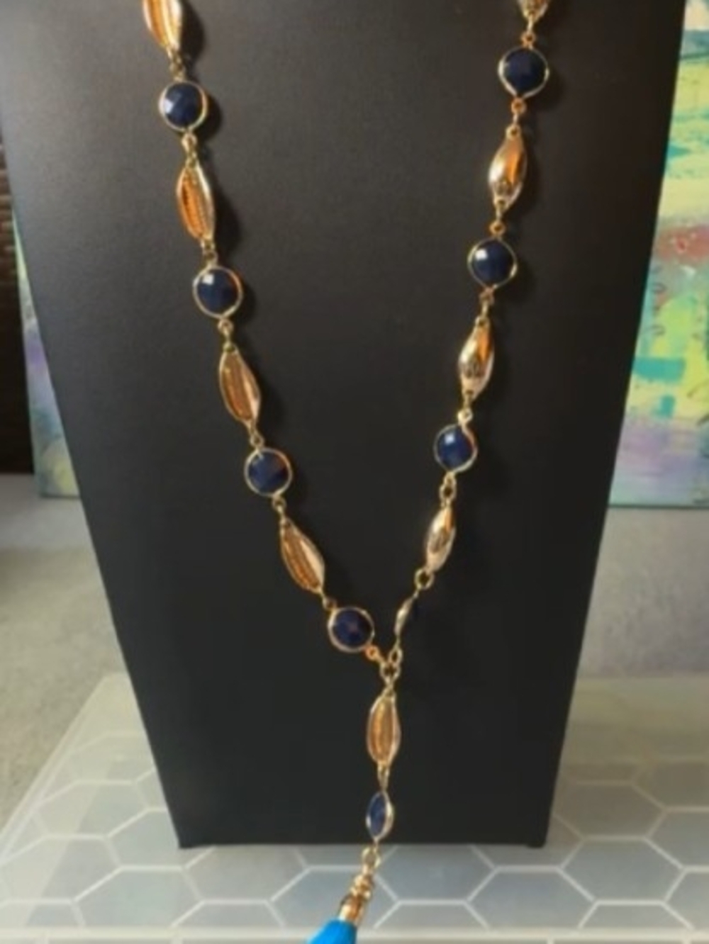 Lilly Pulitzer necklace features a vibrant blue tassel & gold-tone chain - NWT